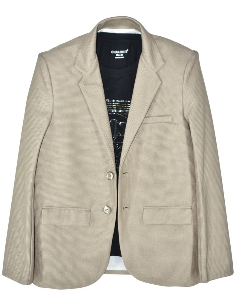CHARCHIT Boys Cotton Blend Full Sleeves Solid Blazers and T-Shirt - Khaki - Image 3