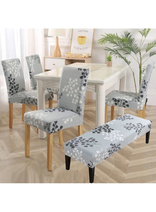 Happydog Stretch Dining Chair Covers Removable Washable Spandex Slipcovers for High Chairs 4PCS/Set+ 1 PCS Bench Cover (Grey Leaves) - Image 1