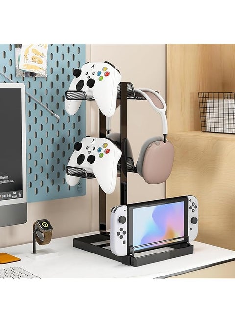 Headphone Stand Controller Holder & Headset Holder For Desk Earphone Stand With Aluminum Supporting Bar Universal Storage Organizer Headphones Controller Switch Ipad Mobile Phone Black