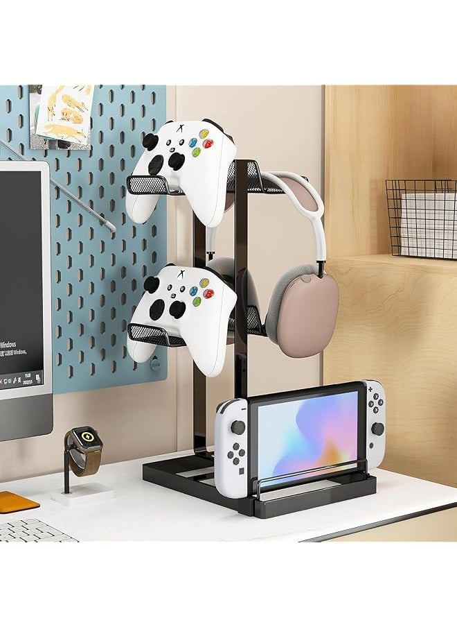 Headphone Stand Controller Holder & Headset Holder For Desk Earphone Stand With Aluminum Supporting Bar Universal Storage Organizer Headphones Controller Switch Ipad Mobile Phone Black