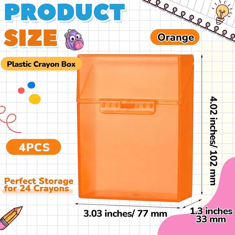 Clabby 4 Pcs Plastic Crayon Organizer Case for 24 Count Crayons Kids Art Supply Storage Box with Lid, Portable Holder for Classroom Home Travel, Fits Standard 24-Pack Crayon (Orange) - Image 2