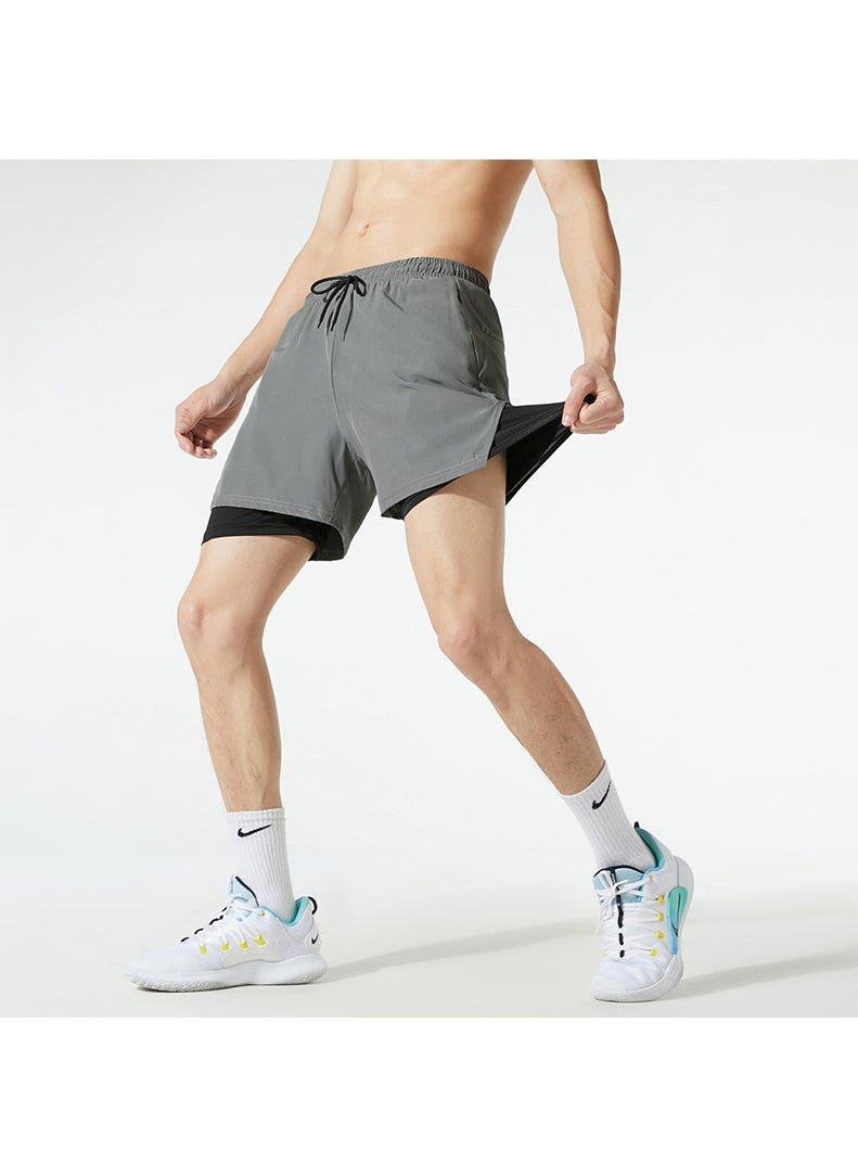 Ice Silk Quick Dry Summer Sports Shorts Mens Running Fitness Three-quarter Length Casual Breathable Elastic Waist Pants Light gray 