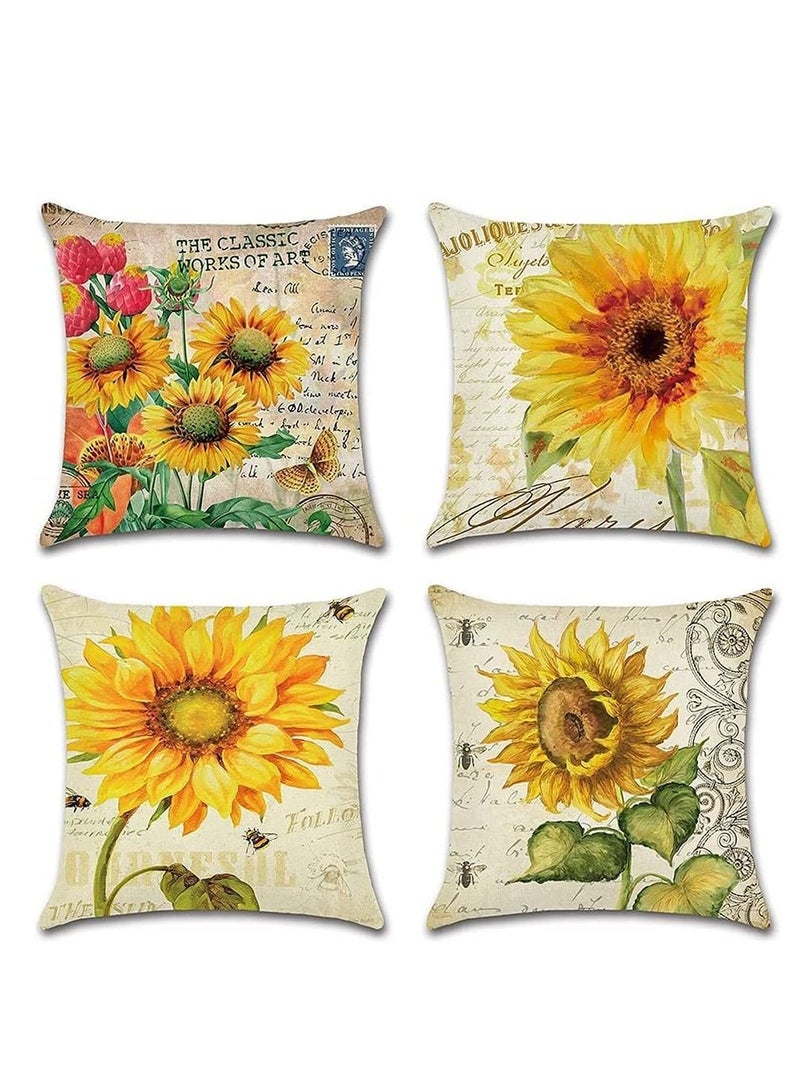 NIBEMINENT 4 Pack Throw Pillow Covers Decorative Linen Pillowcase Sunflower Pattern Waterproof Cushion Perfect to Outdoor Patio Garden Living Room Sofa Farmhouse Decor - Image 1