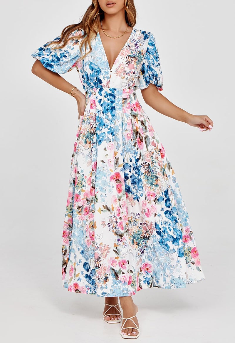 Maxigerui Women's Summer Floral Maxi Dress Spring Wedding Guest Dress 2026 Pink Blue Multi Floral S - Image 5
