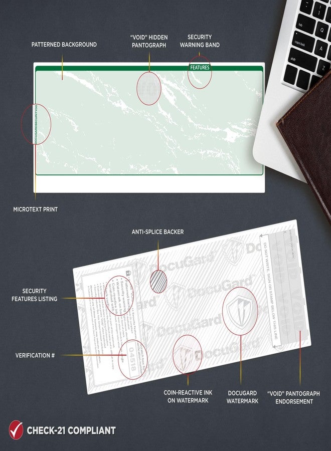 دوكو جارد ورق شيكات عالي الأمان من DocuGard Standard Green Marble Bottom - متوافق مع QuickBooks وطابعات الليزر/الحبر - 11 ميزة أمان - 500 شيك تجاري فارغ (04518) - Image 3