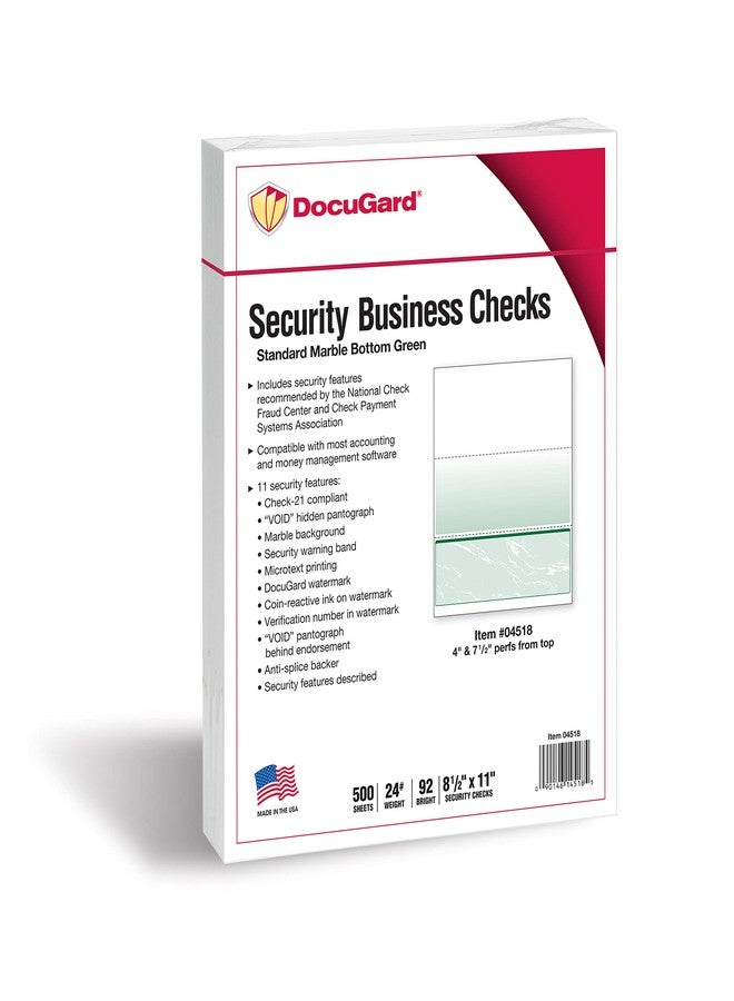 دوكو جارد ورق شيكات عالي الأمان من DocuGard Standard Green Marble Bottom - متوافق مع QuickBooks وطابعات الليزر/الحبر - 11 ميزة أمان - 500 شيك تجاري فارغ (04518) - Image 2