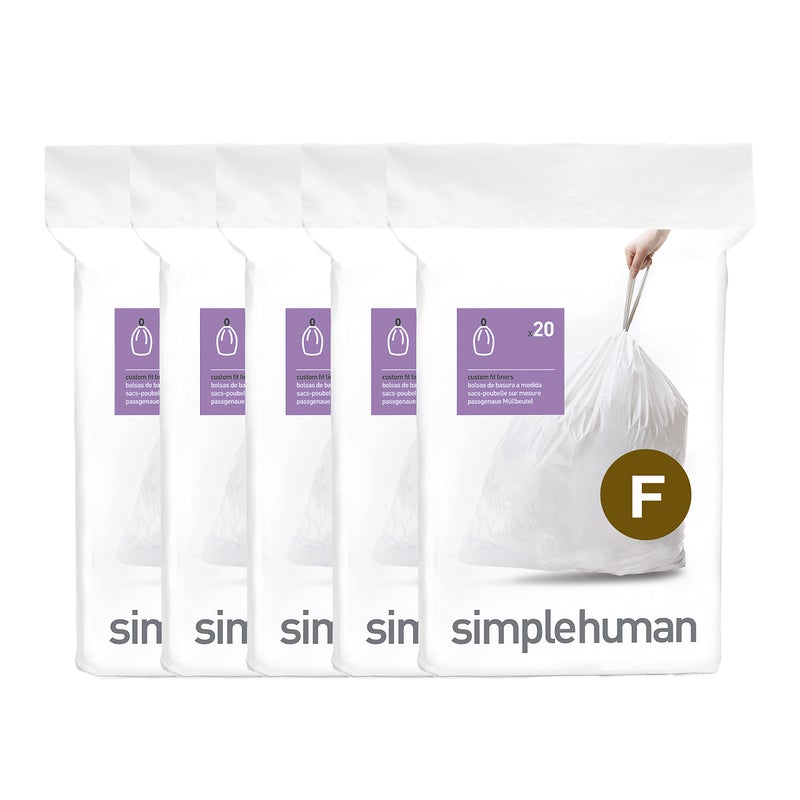 simplehuman Code F 100 Count, Dispenser Pack Custom Fit Liners, Drawstring Trash Bags, 25-30 Liter / 6.6-8 Gallon, White - Image 1
