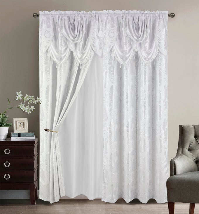 JACQUARD LUXURY WINDOW 2 PANEL SET WHITE CURTAIN WITH ATTACHED VALANCE AND BACKING BEDROOM LIVING ROOM DINING 2 CURTAINS 55X84 INCHES EACH JANA
