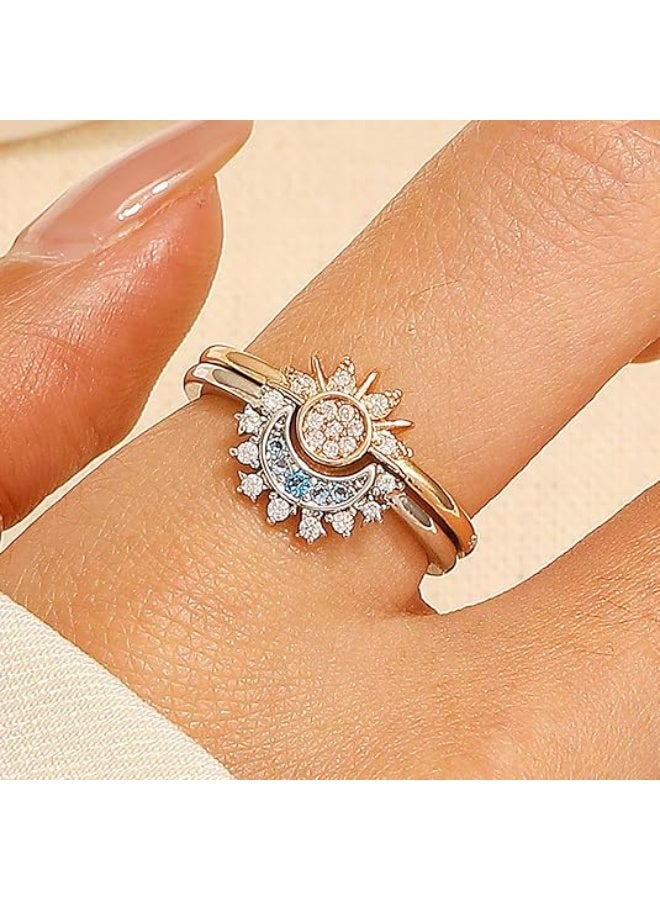 Oasisgalore Sun Moon Ring Set, Stackable Rings for Women Girl Sparkling Gold Sun Ring/Blue Moon Ring Couple Rings Matching Rings as Friendship Best Friend jewelry for Women Men  - Image 4