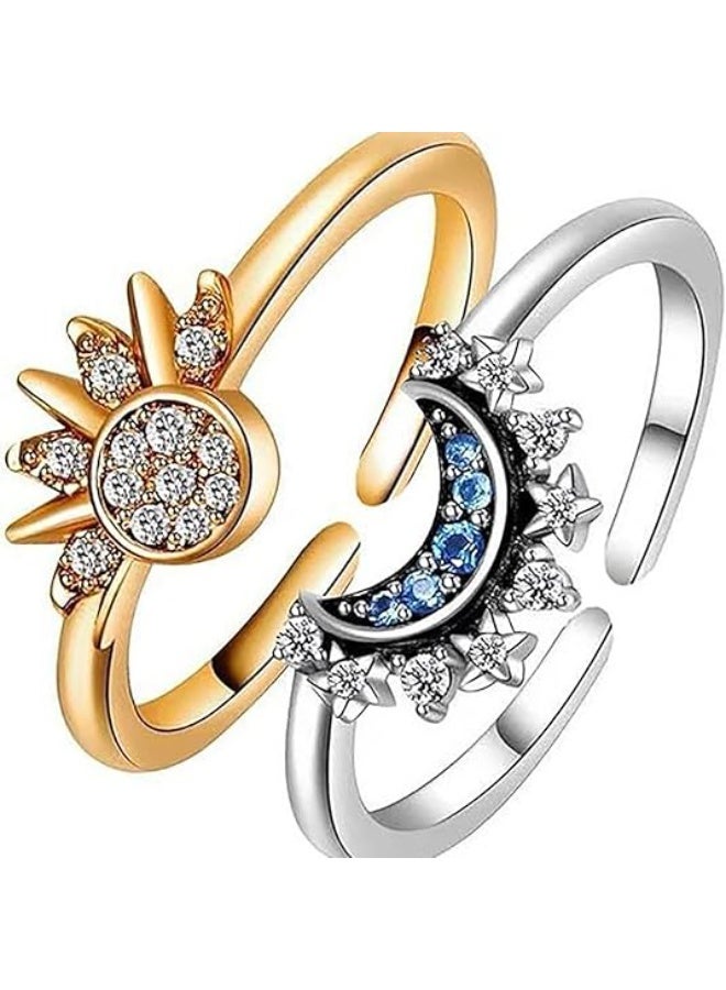 Oasisgalore Sun Moon Ring Set, Stackable Rings for Women Girl Sparkling Gold Sun Ring/Blue Moon Ring Couple Rings Matching Rings as Friendship Best Friend jewelry for Women Men  - Image 1