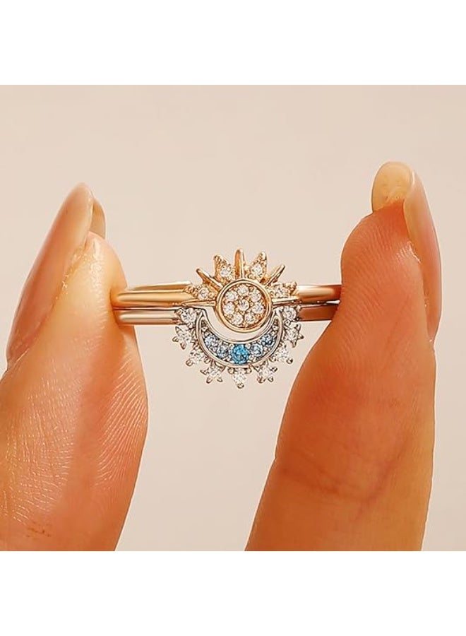 Oasisgalore Sun Moon Ring Set, Stackable Rings for Women Girl Sparkling Gold Sun Ring/Blue Moon Ring Couple Rings Matching Rings as Friendship Best Friend jewelry for Women Men  - Image 2