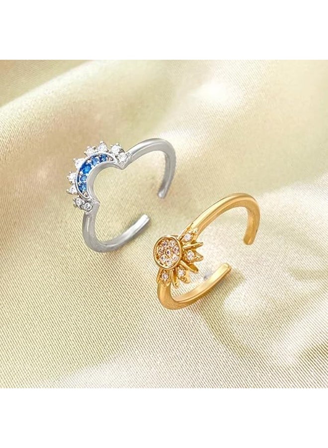 Oasisgalore Sun Moon Ring Set, Stackable Rings for Women Girl Sparkling Gold Sun Ring/Blue Moon Ring Couple Rings Matching Rings as Friendship Best Friend jewelry for Women Men  - Image 3