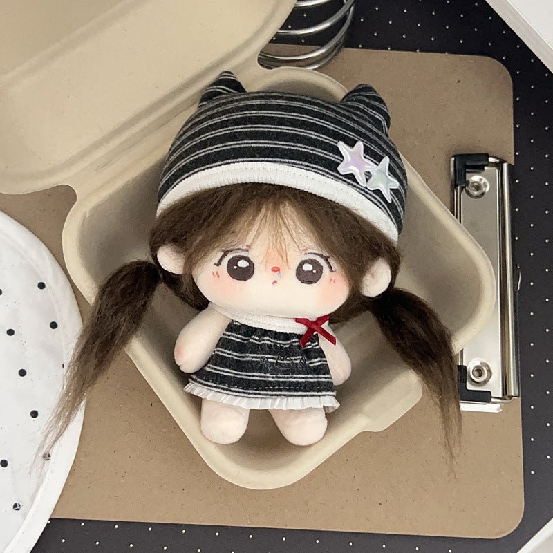 10cm Cotton Doll Clothes Korean Striped Cat Ear Hat and Dress Set for Normal Body Starfish Body - Image 3