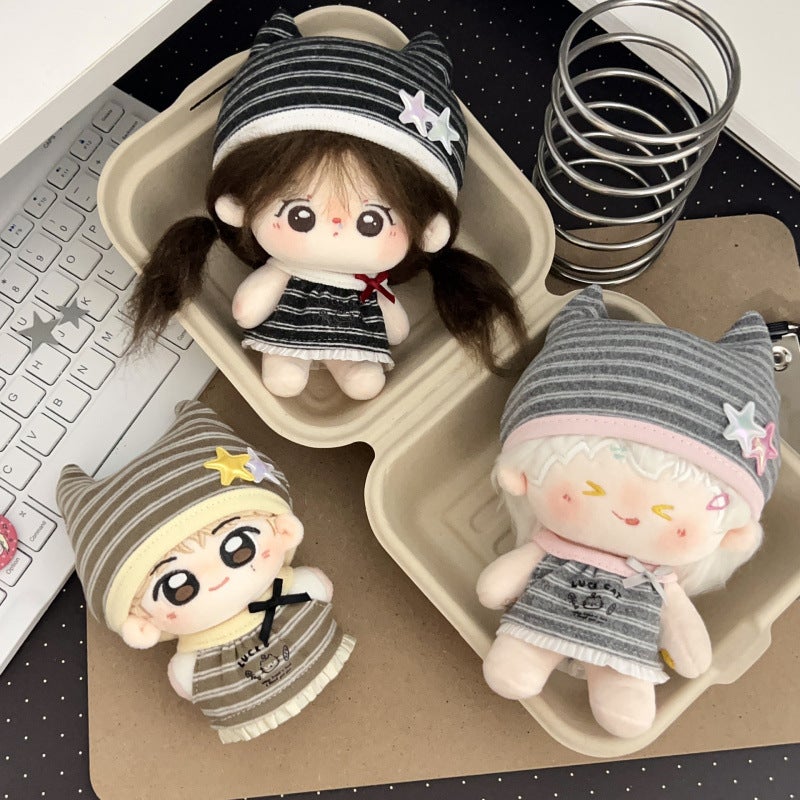 10cm Cotton Doll Clothes Korean Striped Cat Ear Hat and Dress Set for Normal Body Starfish Body - Image 2