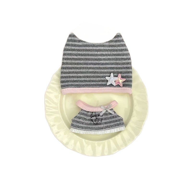10cm Cotton Doll Clothes Korean Striped Cat Ear Hat and Dress Set for Normal Body Starfish Body - Image 5