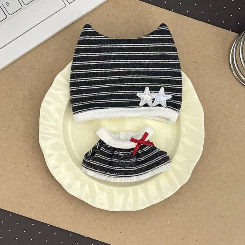10cm Cotton Doll Clothes Korean Striped Cat Ear Hat and Dress Set for Normal Body Starfish Body - Image 1