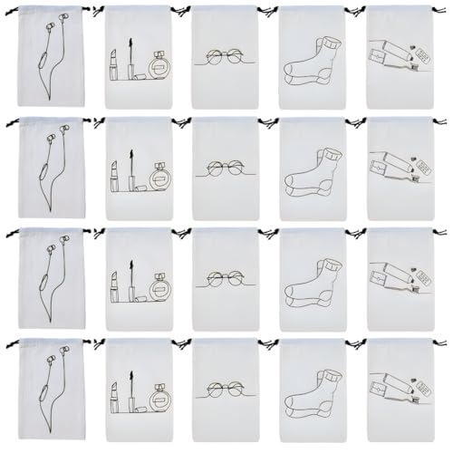 IVILLAGE Drawstring Cotton Storage Potli Pouches with Doodle Design for Earphones, Makeup, Glasses, Socks & Toiletries – Reusable & Washable – 9x6 Inches – Pack of 20 - Image 1