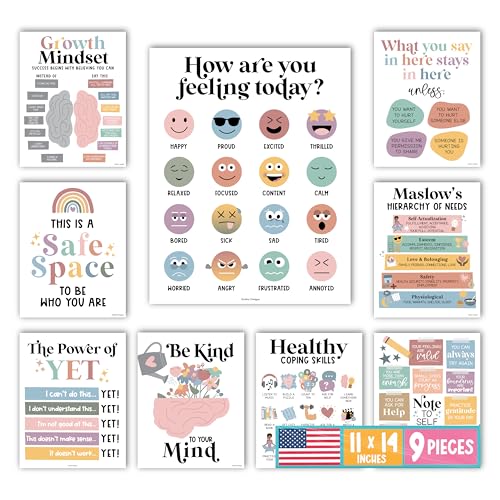 Hadley Designs 9 Mental Health Posters for Classroom School Counselor Office Must Haves Mental Health Therapy Office Decor Counseling Growth Mindset Posters Power of Yet Boho Classroom Decor - Image 1