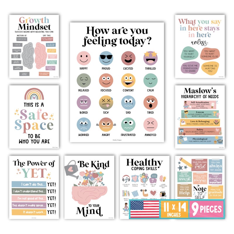 Hadley Designs 9 Mental Health Posters for Classroom School Counselor Office Must Haves Mental Health Therapy Office Decor Counseling Growth Mindset Posters Power of Yet Boho Classroom Decor - Image 2