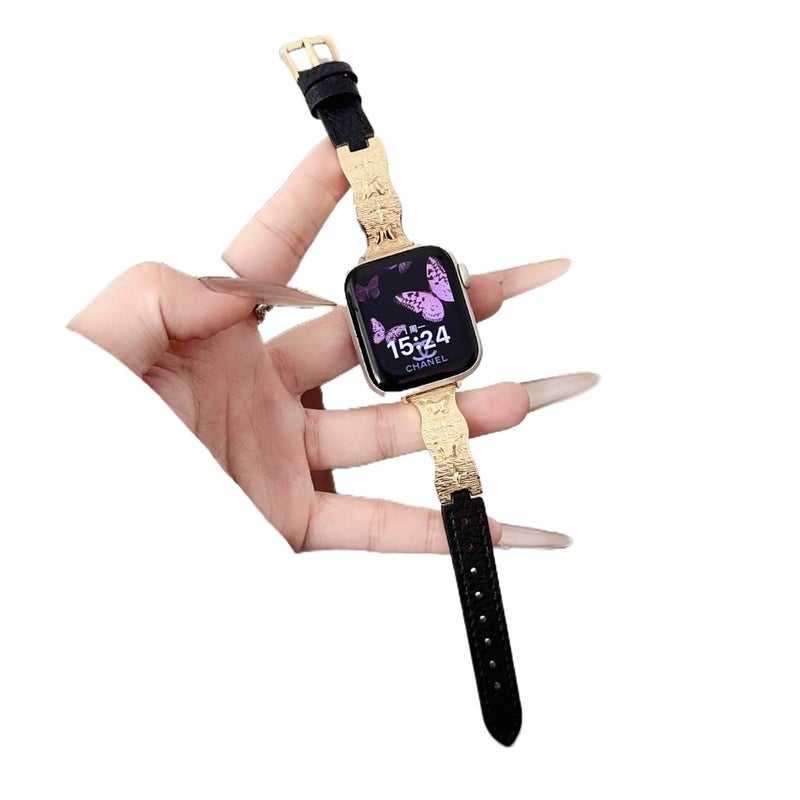 AD Black Classic Leather Strap Smartwatch Band Compatible with Apple Watch with Adjustable Fit Replacement Strap for Daily Wear - Image 4