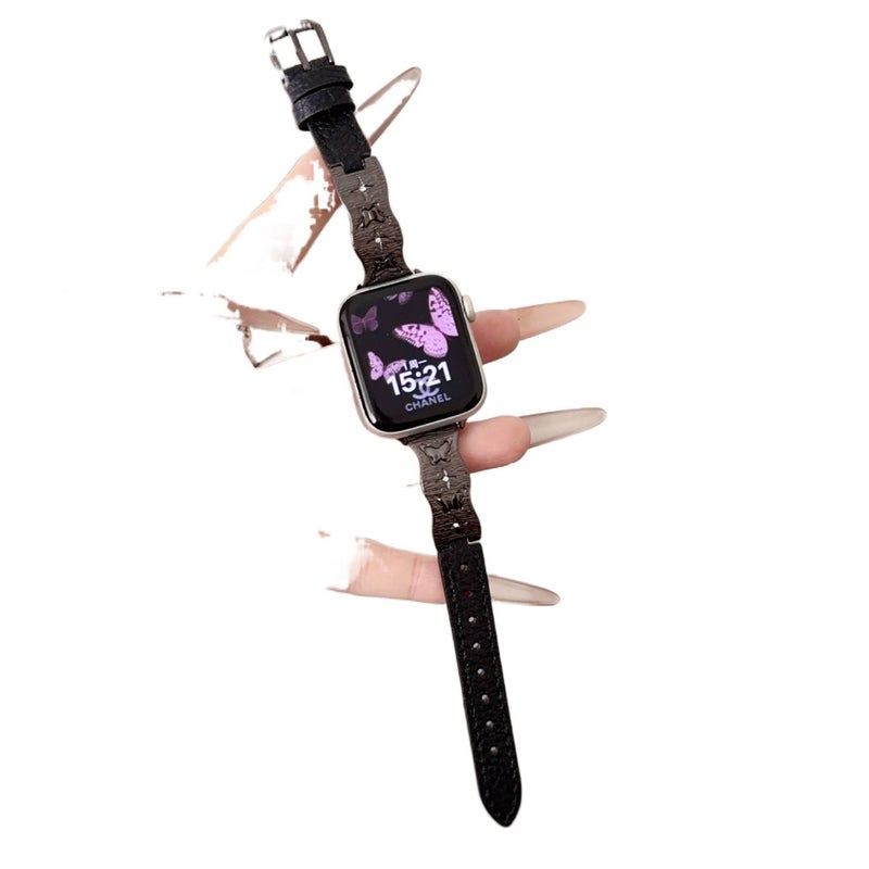 AD Black Classic Leather Strap Smartwatch Band Compatible with Apple Watch with Adjustable Fit Replacement Strap for Daily Wear - Image 1