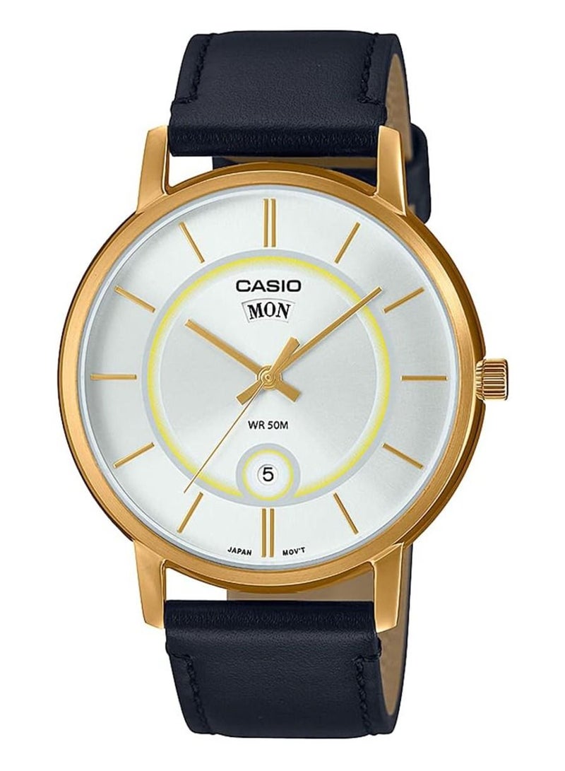Men Watch Analog White Dial Genuine Leather Band Gold Ion Plated Case MTP-B120GL-7AVDF