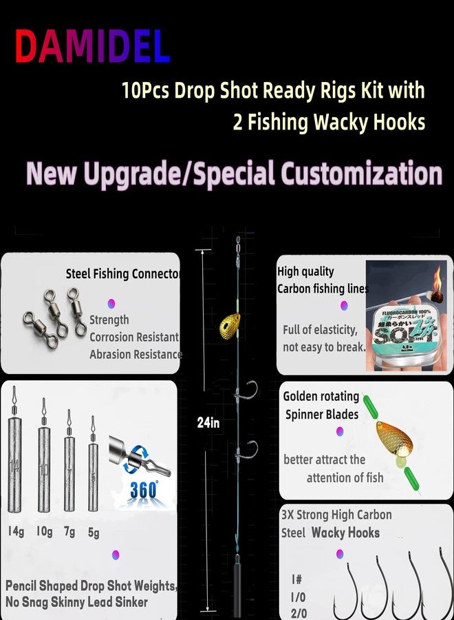 DAMIDEL 10Pcs Drop Shot Ready Rigs Kit with 2 Fishing Wacky Hooks,No Snag Skinny Sinker(1/2oz,3/8oz,1/4oz.1/5oz.), Spinner Blades， Fishing Bass Rig Cylinder Saltwater Freshwater 5g - Image 3
