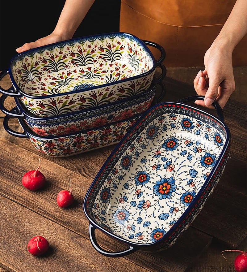 Bicuzat Vintage-Style Tulip Flower Pattern Ceramic Baking Dish, Casserole Dish, Lasagna Pan, Baking Dish with Handles for Oven/Cooking/Kitchen - 1 PC - 1.7 Liters - Image 5