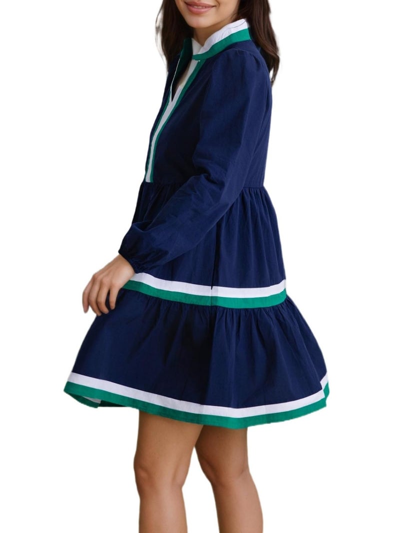 LifeShe Womens Puff Long Sleeve Babydoll Dress V Neck Navy Blue Striped Color Block Tiered Mini Dresses - Image 3