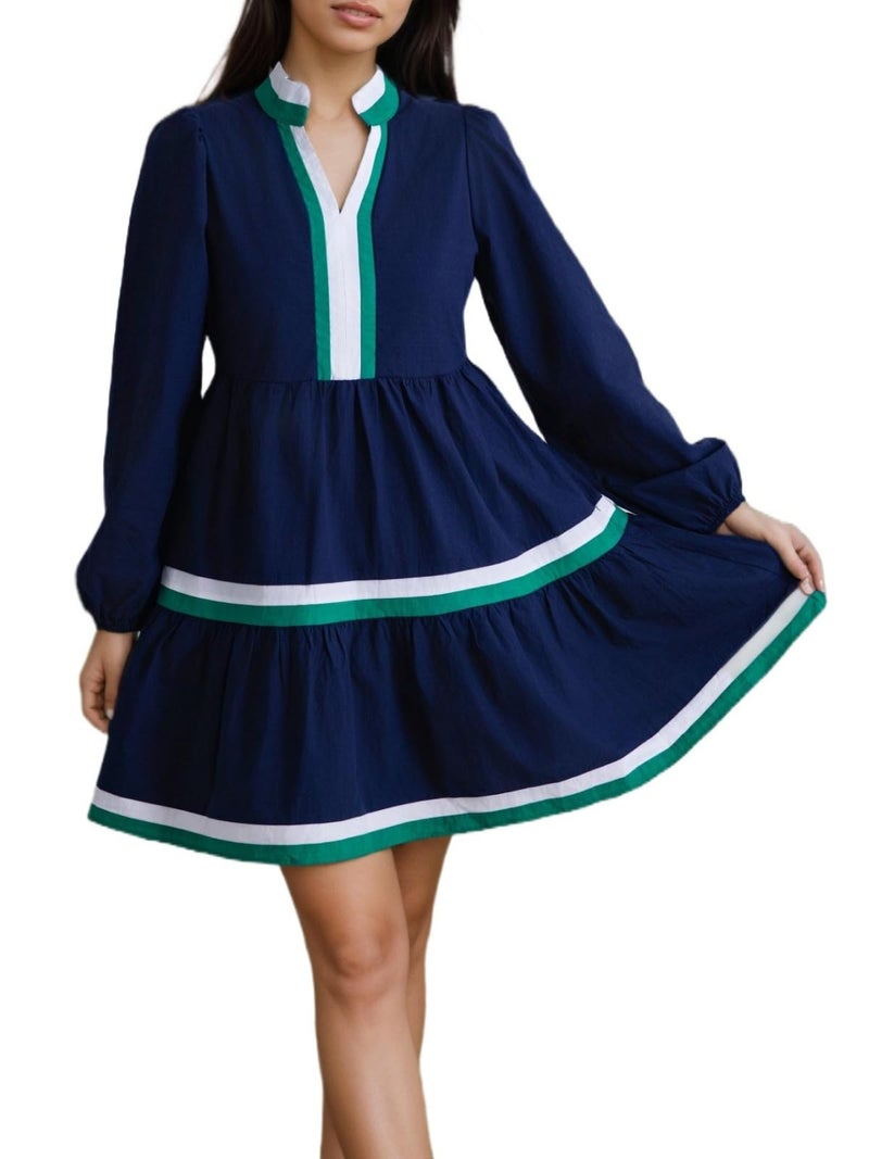 LifeShe Womens Puff Long Sleeve Babydoll Dress V Neck Navy Blue Striped Color Block Tiered Mini Dresses - Image 2