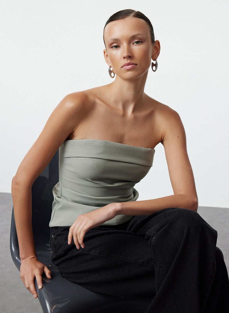 trendyol Strapless Draped Light Khaki Blouse - TWOSS24BZ00348 - Image 4