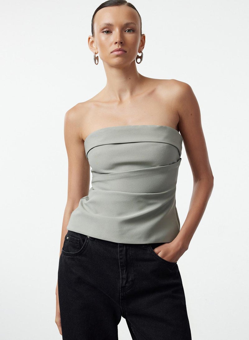 trendyol Strapless Draped Light Khaki Blouse - TWOSS24BZ00348 - Image 2