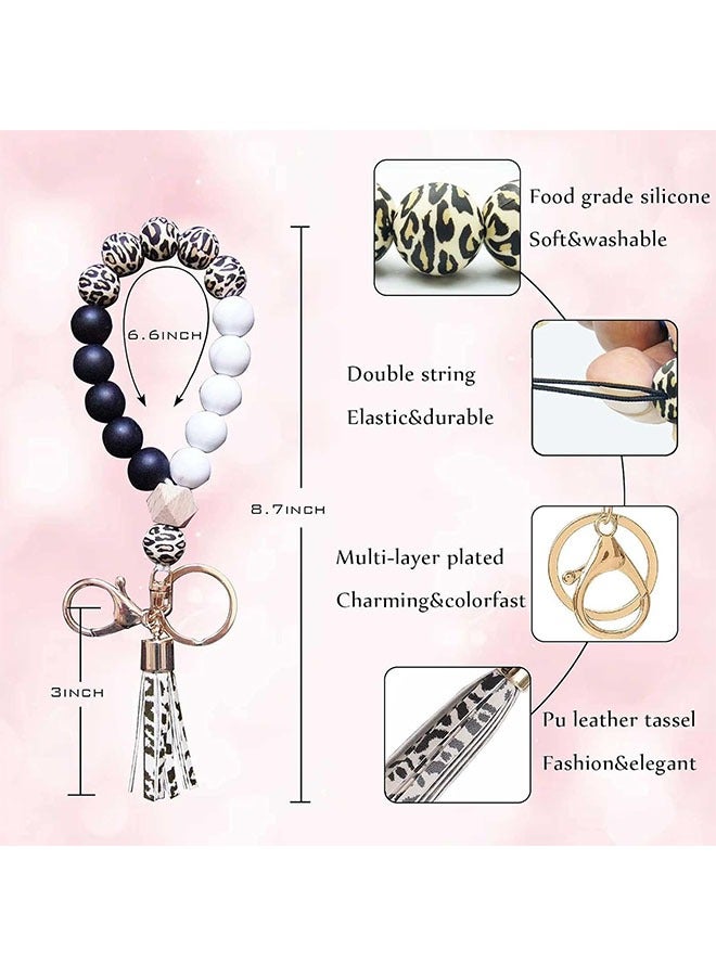 Silicone Beaded Bracelet Keychain, Tassel Leopard Beaded Bangle Key Chains for Women - Image 2