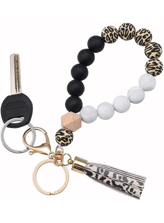 Silicone Beaded Bracelet Keychain, Tassel Leopard Beaded Bangle Key Chains for Women - Image 1
