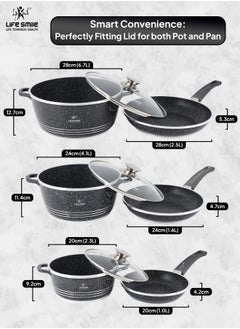 Life Smile Granite Non Stick Pots and Pans Set with Premium Glass Lids -Non Stick Cookware Set Includes Casserroles 20/24/28cm, Frying Pans 20/24/28cm - Kitchen Cooking SetOven Safe Grey  - Image 3