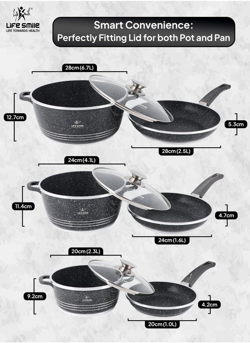 Life Smile Granite Non Stick Pots and Pans Set with Premium Glass Lids -Non Stick Cookware Set Includes Casserroles 20/24/28cm, Frying Pans 20/24/28cm - Kitchen Cooking SetOven Safe Grey  - Image 3