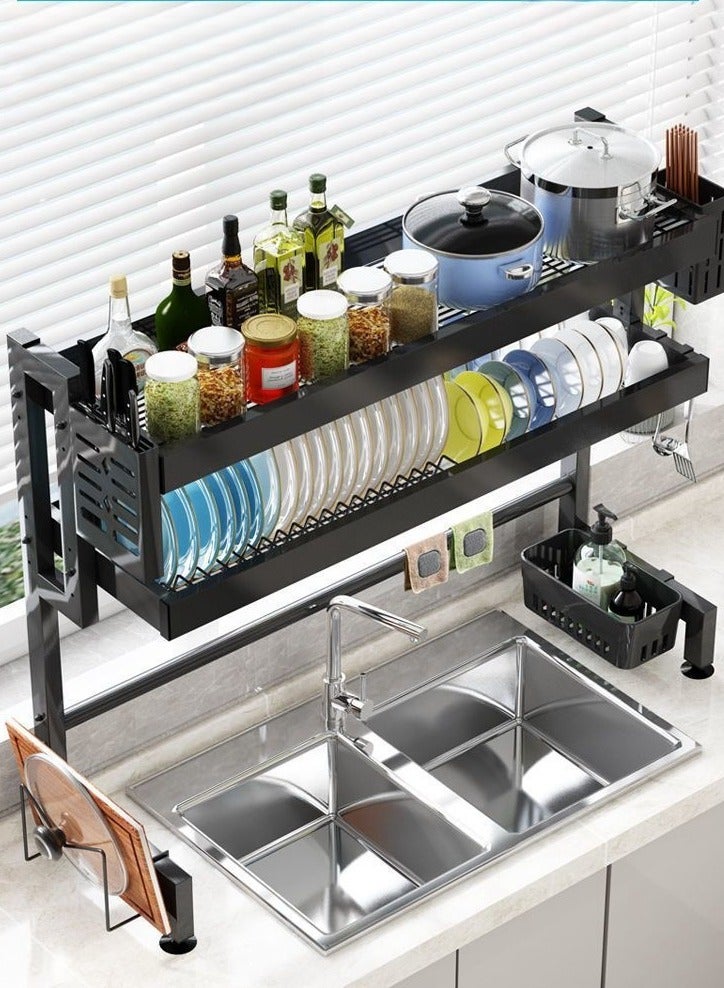 Dish Drying Rack - Large Over The Sink Dish Drainer Drying Rack , Large Capacity Stainless Steel Dish Rack, Multifunctional Kitchen Organizers and Storage Rack, 85cm-Double Layer Black - Image 4