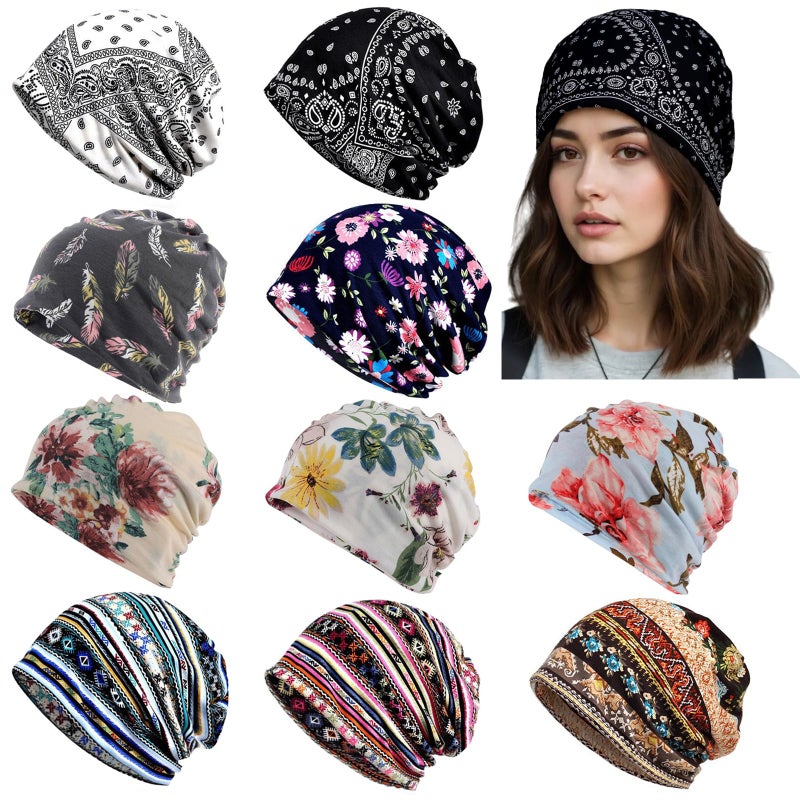Tergy 10 Pieces Unisex Beanie Hats for Men Women Slouchy Beanie Hip-Hop Caps Lighweight Soft Skull Caps for Chemo Sleep (Polyester, 10 Colors) - Image 1