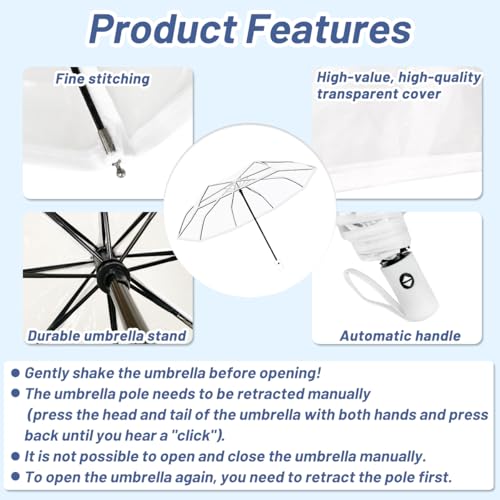Esamploe 2 Pack Clear Umbrella Wedding,Lightweight Folding Clear Umbrellas for Rain Adult,Pop-on Self Folding Clears Umbrella,Stylish Clears Umbrellas for Weddings,Travel,Dating,Shopping(White) - Image 4