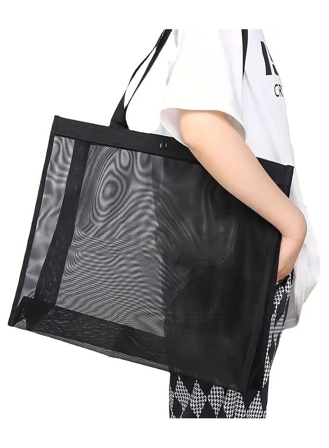 Rozino Large Capacity Black Nylon Tote Bag with Mesh Pocket - Durable, Machine Washable Shopping & Beach Bag for Swimwear, Toiletries & More, Beach Tote Bag - Image 1