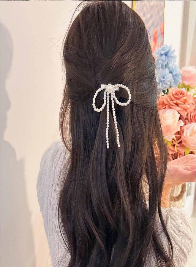 IRCOMULTI French Pearl Bow Hairclip White Pearl Bow Hair Barrette Pearl Side Hairclips Headwear Pearl Ribbon Bow Barrette Pearl Hairpins Clip Decorative Hair Accessories for Women Headdress - Image 2