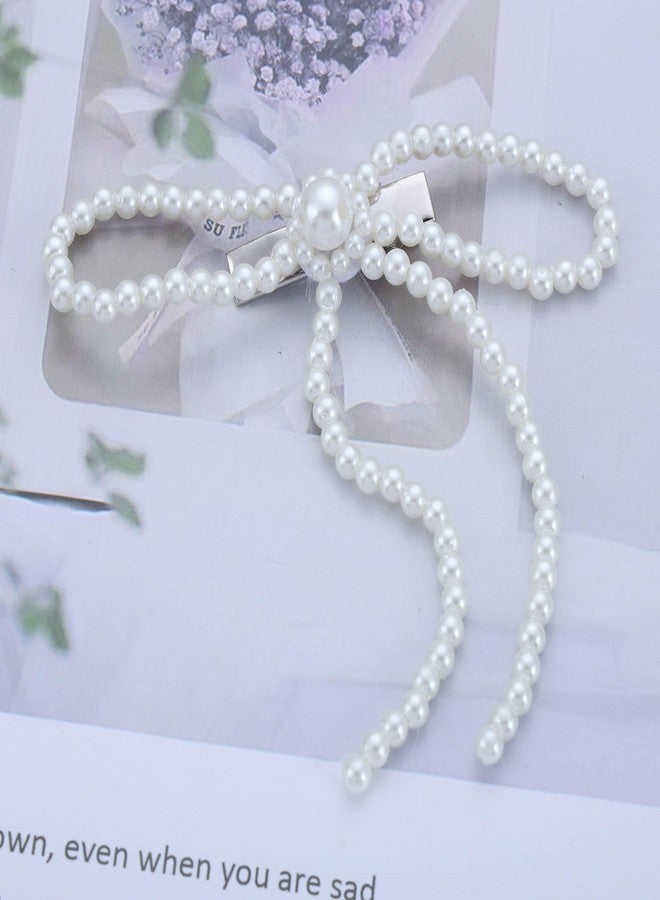 IRCOMULTI French Pearl Bow Hairclip White Pearl Bow Hair Barrette Pearl Side Hairclips Headwear Pearl Ribbon Bow Barrette Pearl Hairpins Clip Decorative Hair Accessories for Women Headdress - Image 3