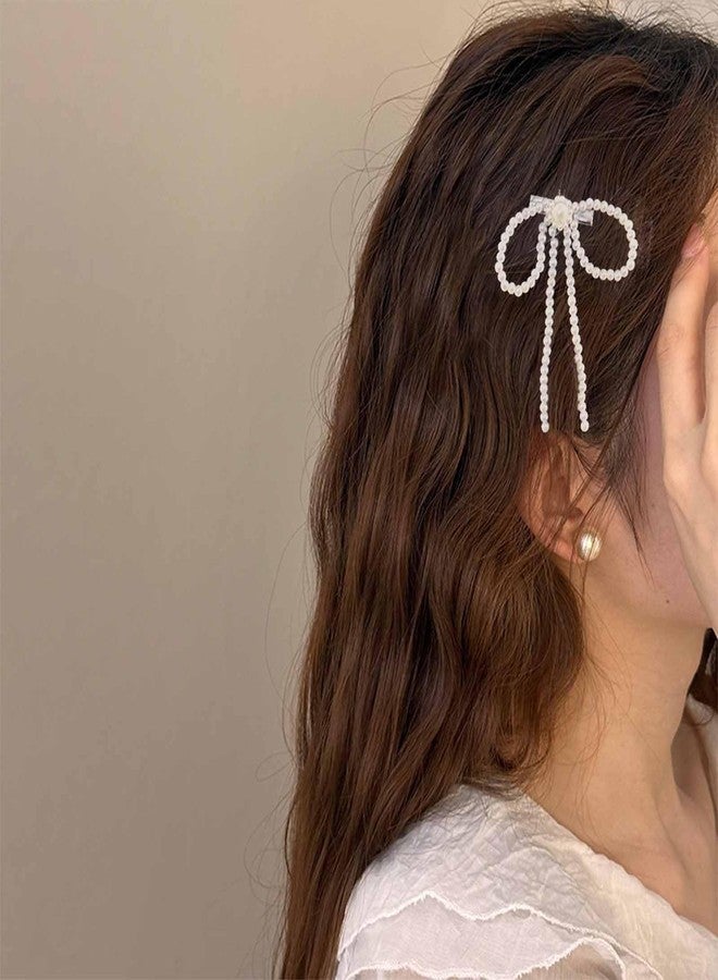 IRCOMULTI French Pearl Bow Hairclip White Pearl Bow Hair Barrette Pearl Side Hairclips Headwear Pearl Ribbon Bow Barrette Pearl Hairpins Clip Decorative Hair Accessories for Women Headdress - Image 5