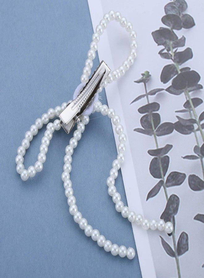 IRCOMULTI French Pearl Bow Hairclip White Pearl Bow Hair Barrette Pearl Side Hairclips Headwear Pearl Ribbon Bow Barrette Pearl Hairpins Clip Decorative Hair Accessories for Women Headdress - Image 4