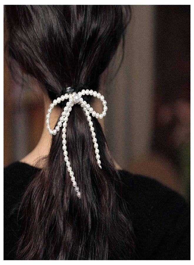 IRCOMULTI French Pearl Bow Hairclip White Pearl Bow Hair Barrette Pearl Side Hairclips Headwear Pearl Ribbon Bow Barrette Pearl Hairpins Clip Decorative Hair Accessories for Women Headdress - Image 1