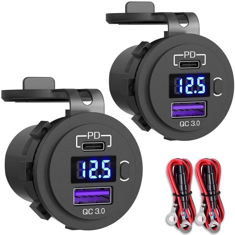 Qidoe 2 Pack USB C Car Charger Socket, Qidoe 12V USB Outlet PD3.0 20W USB C and 18W QC3.0 Car USB Port with LED Voltmeter and ON/Off Switch Fast Car USB Outlet for Car Boat Marine RV Truck Golf Motorcycle - Image 1