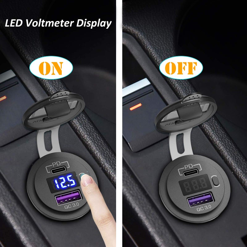 Qidoe 2 Pack USB C Car Charger Socket, Qidoe 12V USB Outlet PD3.0 20W USB C and 18W QC3.0 Car USB Port with LED Voltmeter and ON/Off Switch Fast Car USB Outlet for Car Boat Marine RV Truck Golf Motorcycle - Image 3