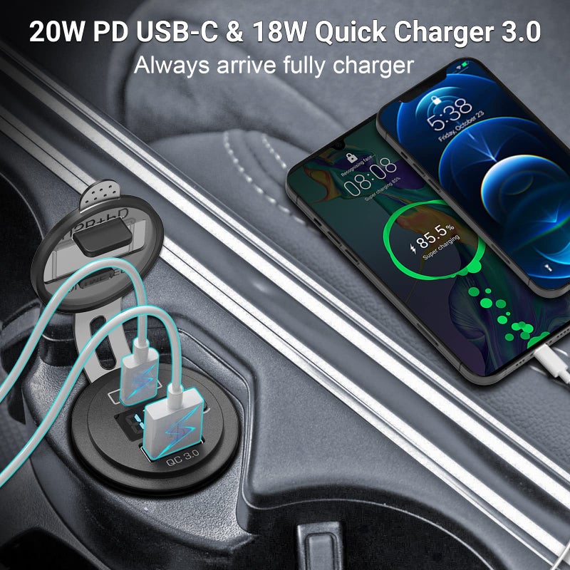 Qidoe 2 Pack USB C Car Charger Socket, Qidoe 12V USB Outlet PD3.0 20W USB C and 18W QC3.0 Car USB Port with LED Voltmeter and ON/Off Switch Fast Car USB Outlet for Car Boat Marine RV Truck Golf Motorcycle - Image 4