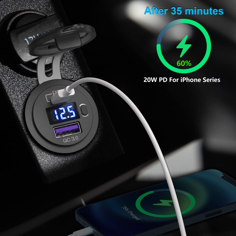 Qidoe 2 Pack USB C Car Charger Socket, Qidoe 12V USB Outlet PD3.0 20W USB C and 18W QC3.0 Car USB Port with LED Voltmeter and ON/Off Switch Fast Car USB Outlet for Car Boat Marine RV Truck Golf Motorcycle - Image 2