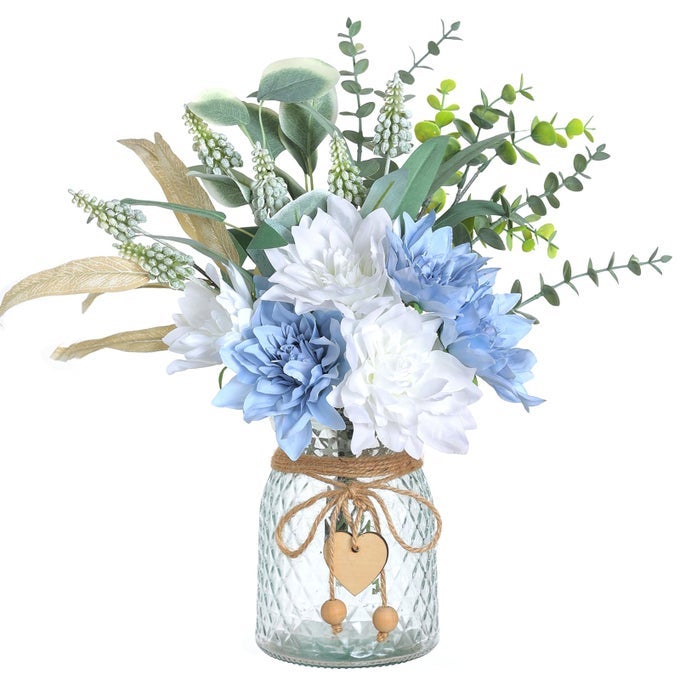 FAUX FLOWERS WITH VASEARTIFICIAL SILK FLOWERS IN VASE FAKE PLANT EUCALYPTUS AND WILLOWFLOWER ARRANGEMENT FOR HOME FARMHOUSE DINING TABLE CENTERPIECE DECORATIONS COFFEE TABLE DECOR DUSTY BLUE